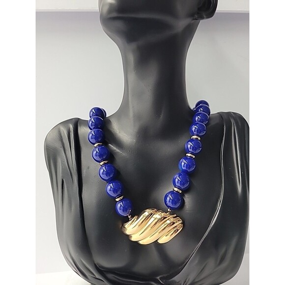 Avon Jewelry - Vintage Avon Blue Bead Necklace Gold Tone Pendant Statement Jewelry